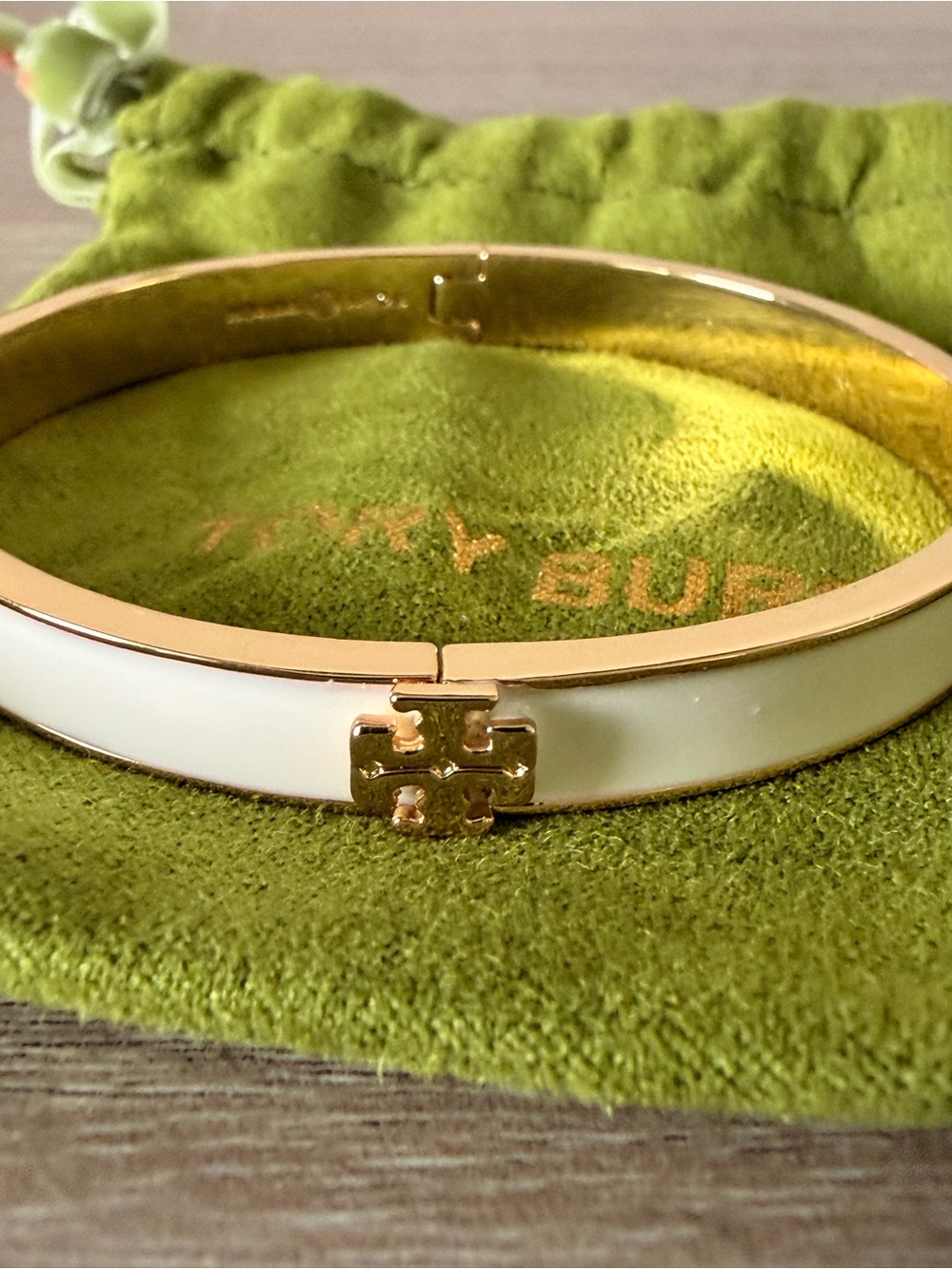 Tory Burch White Enamel Gold-Tone Double T Hinged Bangle Bracelet New
